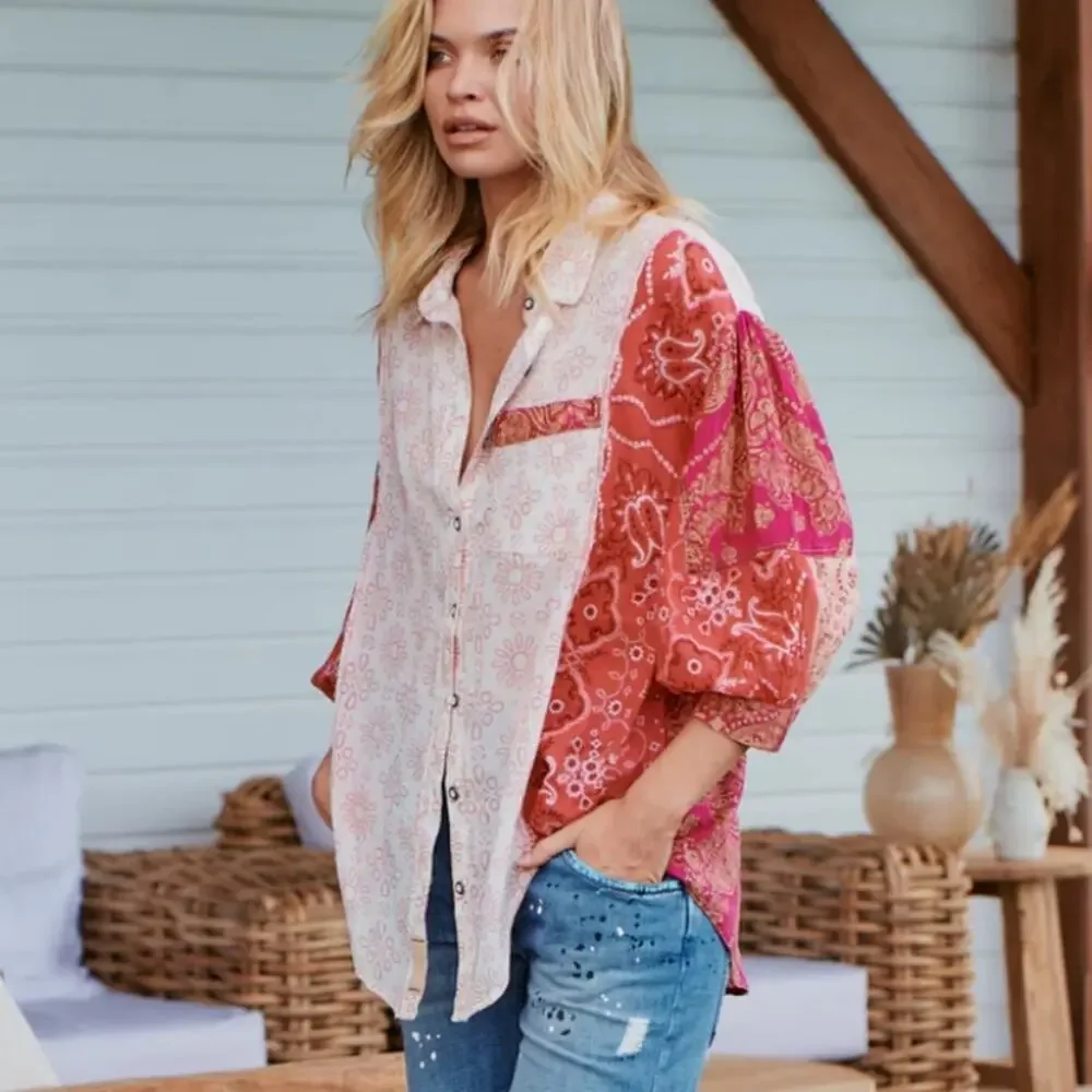 Free People Red and Cream Patchwork Bandana Button-Up Blouse